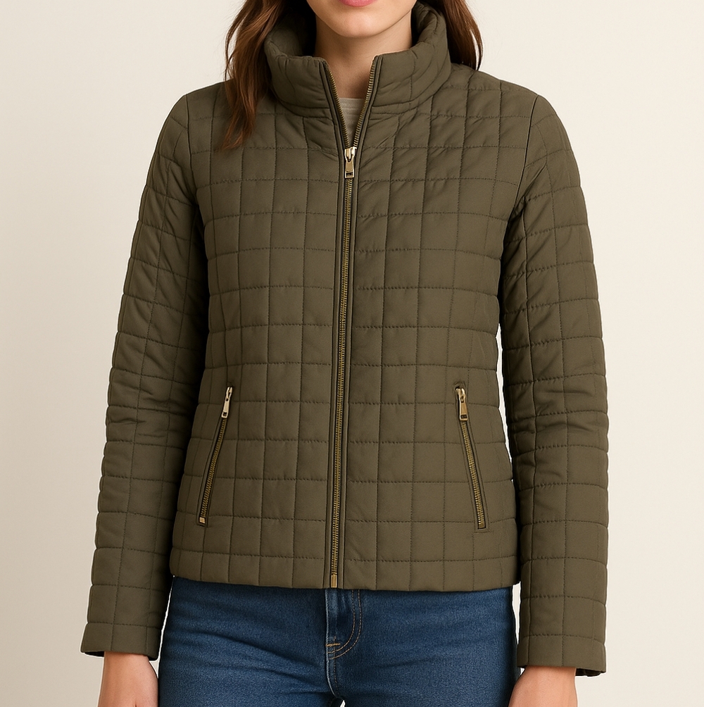 J.Crew Lightweight Down Puffer Jacket Women’s Medium – Olive Green Quilted Zip